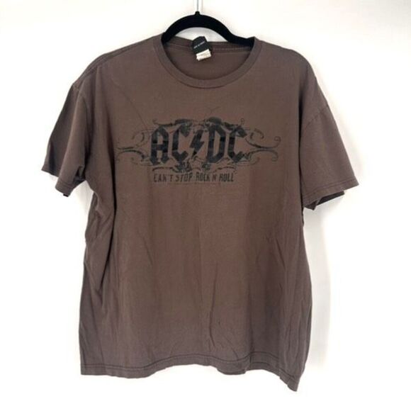 Vintage Y2K ACDC Can't Stop Rock N Roll Band T-Shirt Large Brown Destroyed AC/DC - Picture 1 of 9